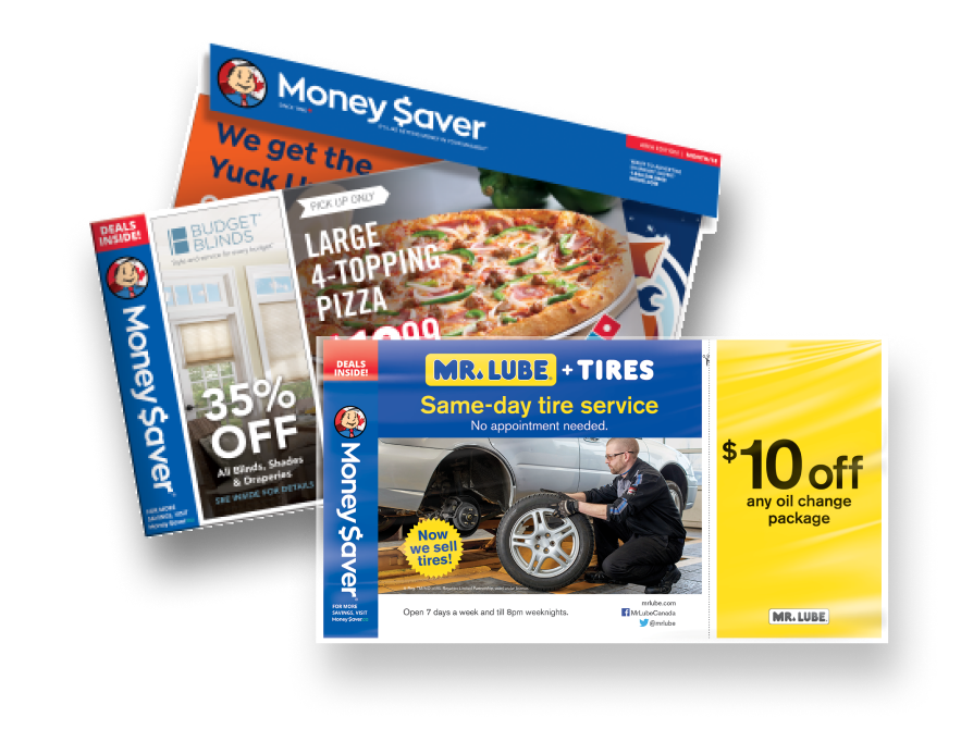 Money Saver Envelope Wrap featuring Mr. Lube coupon stacked on top of other Money Saver Envelope versions