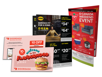 group of mail flyers for door dash, midas and canadian tire