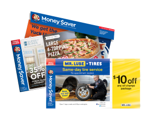 Money Saver Envelope Wrap with Mr. Lube coupon stacked on top 