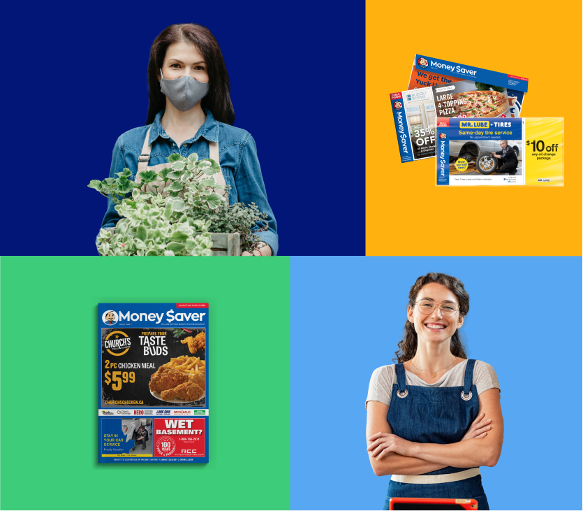 Four coloured boxes, one dark blue with a masked woman holding a box of lettuce, one yellow with the Money Saver Envelope, one green with the Money Saver Magazine and one light blue with a girl smiling with an apron on crossing her arms